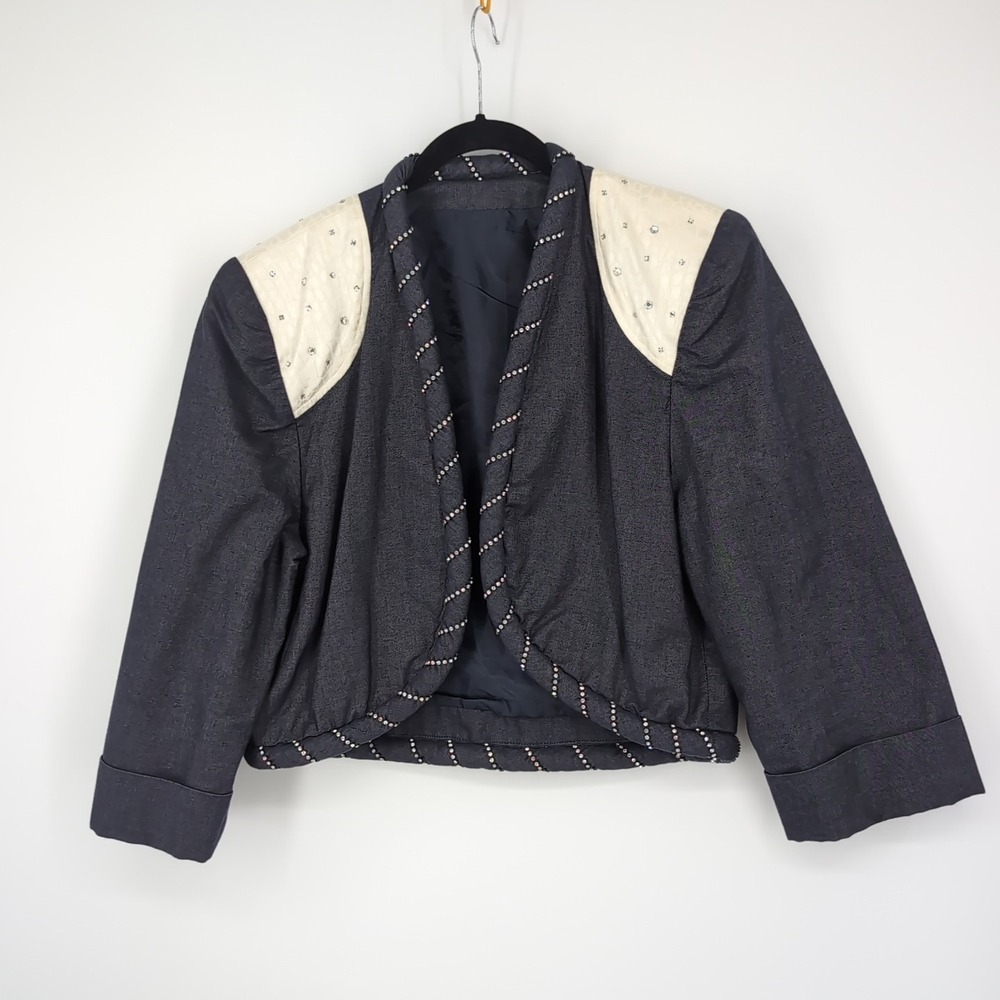 Vintage 80s Cropped Bolero Jacket Rhinestone Faux Snakeskin Western Glam Blue